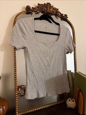 dip Light Gray Ribbed Square Neck Short Sleeve Tee